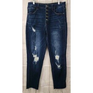 Risen Jeans Women 30X28 Blue Denim Distressed Open Button Fly High Rise Raw Hem